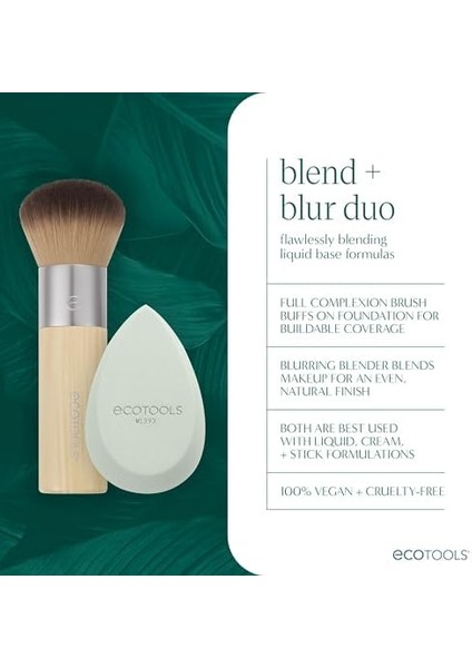 Ecotools Blend + Blur Makyaj Fırçası ve Sünger Duo, Makyaj Blender Sünger ve Fondöten Fırçası, Sıvı ve Krem Makyaj, Bulut Cildi, Çevre Dostu, Lateks Içermez, Zulüm Içermez, & Vegan, 2 Adet
