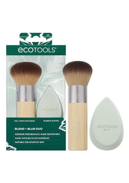Ecotools Blend + Blur Makyaj Fırçası ve Sünger Duo, Makyaj Blender Sünger ve Fondöten Fırçası, Sıvı ve Krem Makyaj, Bulut Cildi, Çevre Dostu, Lateks Içermez, Zulüm Içermez, & Vegan, 2 Adet modelleri