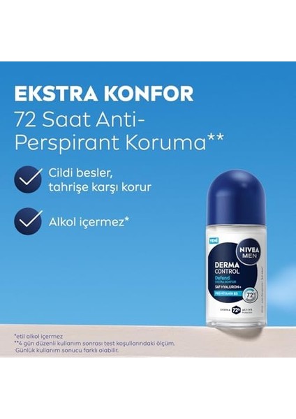 Nıvea Men Erkek Roll On Deodorant Derma Control Defend 50 Ml, 72 Saat Anti Perspirant Koruma, Tahrişe Karşı Koruma,hyaluronik Asit, Pro Vitamin B5,alkolsüz Formül fiyatları