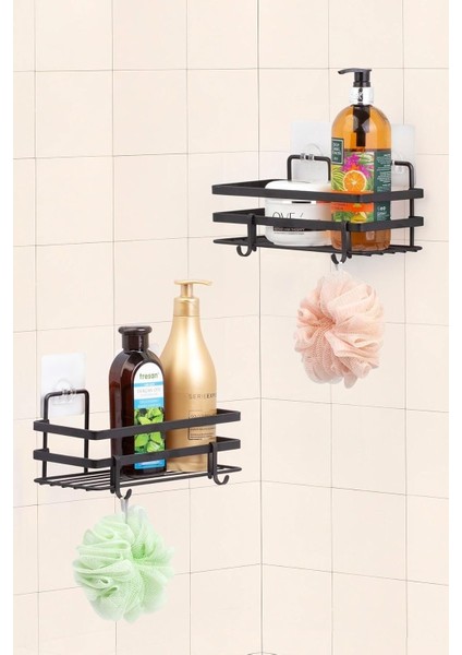 Haus Ömür Boyu Paslanmaz Yapışkanlı Düzenleyici Şampuanlık Tek Katlı Duş Rafı 2 Adet Siyah Lm -01