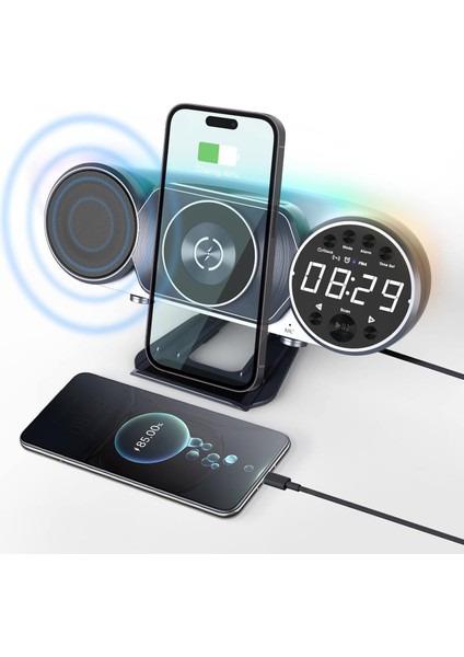 Çift Telefon Şarj Desteği USB Kablosuz Şarjlı Hoparlör Çok Fonksiyonlu Fm Radyo Çalar Saat 5.1 Rgb Gece Lambası Müzik Kutusu 1200MAH Pil Kapasitesi WD-100