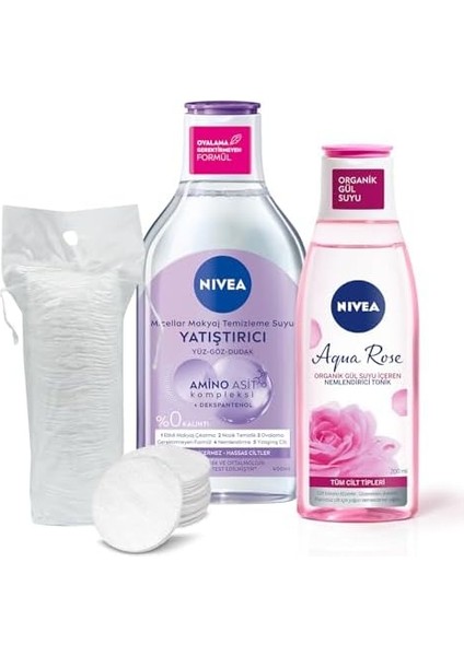 Nivea Yatıştırıcı Micellar Makyaj Temizleme Suyu 400ML ve Aqua Rose Nemlendirici Tonik 200ML, Pamuk Hediye