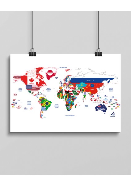 Çerçevesiz Poster |büyük Boy Ülke Bayraklı Dünya Haritası Posteri | Eğitici ve Dekoratif Harita