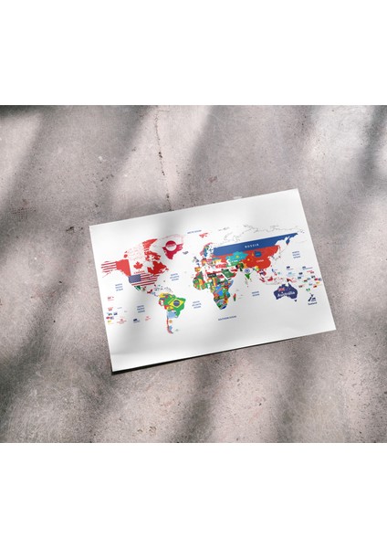 Çerçevesiz Poster |büyük Boy Ülke Bayraklı Dünya Haritası Posteri | Eğitici ve Dekoratif Harita