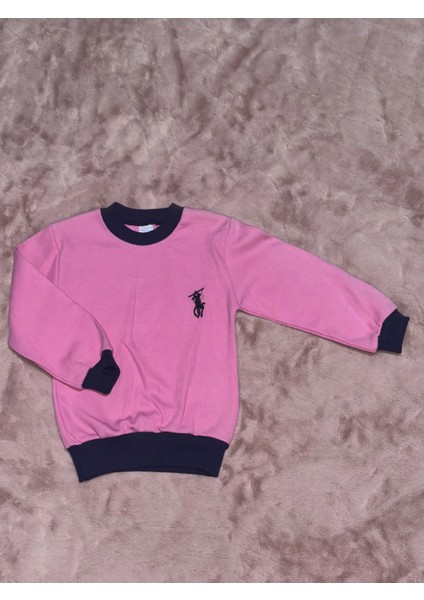 Mtxdpn 1-7 Yaş Armalı Bisiklet Yaka Lacivert Biyeli Sweatshirt Pembe (Beden: 5)