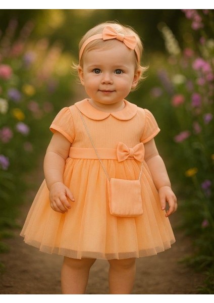 Kız Bebek Beli Fiyonklu Çantalı Abiye Elbise