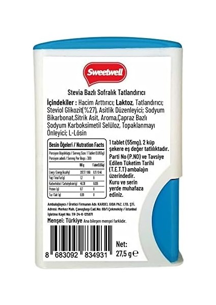 Sweetwell Stevia Tablet Tatlandırıcı 500 Tablet x 2 Adet Sıfır Kalori fiyatları