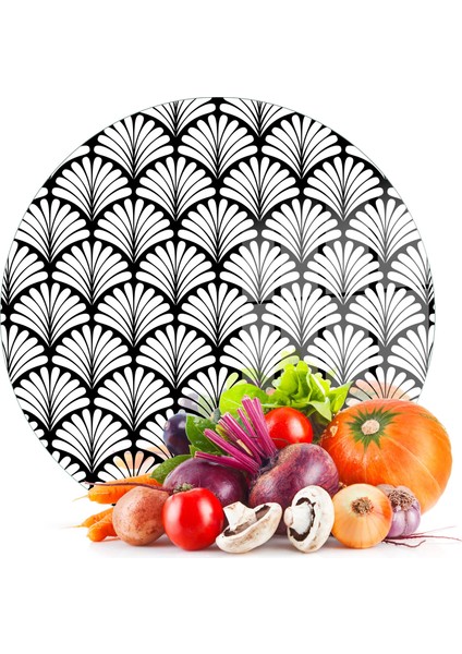 Cam Kesme Tahtası ve Sunumluk Yuvarlak Siyah Beyaz Geometrik Desenli 30X30 cm