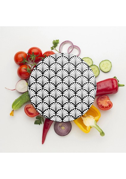 Cam Kesme Tahtası ve Sunumluk Yuvarlak Siyah Beyaz Geometrik Desenli 30X30 cm modelleri