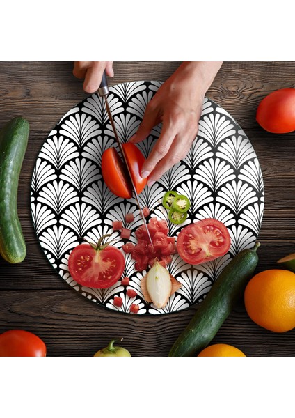 Cam Kesme Tahtası ve Sunumluk Yuvarlak Siyah Beyaz Geometrik Desenli 30X30 cm fırsatları