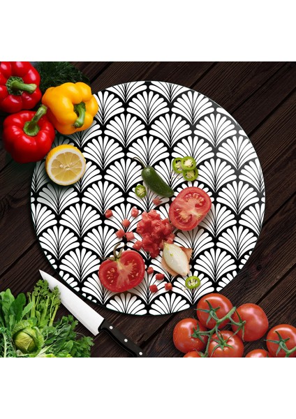 Cam Kesme Tahtası ve Sunumluk Yuvarlak Siyah Beyaz Geometrik Desenli 30X30 cm indirimleri