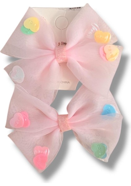 Üzeri Pul Kalp Süslemeli Saten Fiyonk Model Karışık Renk Çiftli Kız Çocuk Lastik Toka 2li Set