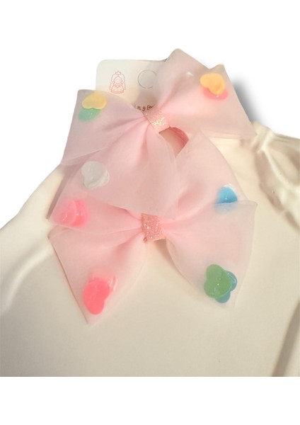 Üzeri Pul Kalp Süslemeli Saten Fiyonk Model Karışık Renk Çiftli Kız Çocuk Lastik Toka 2li Set fiyatları