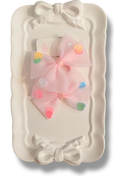 Üzeri Pul Kalp Süslemeli Saten Fiyonk Model Karışık Renk Çiftli Kız Çocuk Lastik Toka 2li Set modelleri