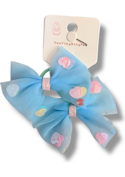 Üzeri Pul Kalp Süslemeli Saten Fiyonk Model Karışık Renk Çiftli Kız Çocuk Lastik Toka 2li Set