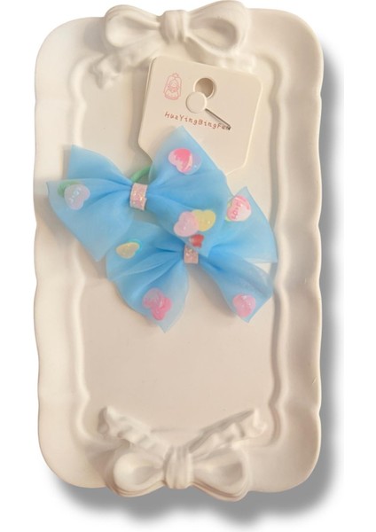 Üzeri Pul Kalp Süslemeli Saten Fiyonk Model Karışık Renk Çiftli Kız Çocuk Lastik Toka 2li Set modelleri