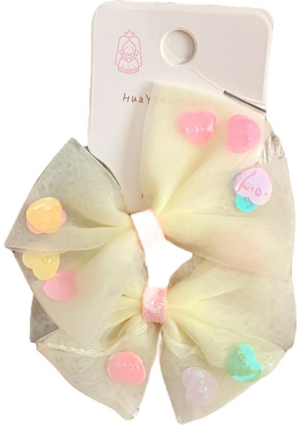 Üzeri Pul Kalp Süslemeli Saten Fiyonk Model Karışık Renk Çiftli Kız Çocuk Lastik Toka 2li Set