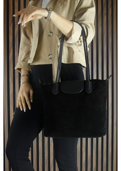 Siyah Hakiki Dana Süet Fermuarlı Manyetik Kapaklı Büyük Boy Günlük Omuz Çantası