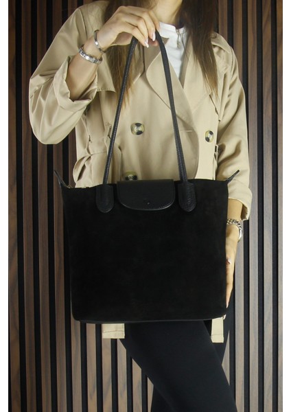 Siyah Hakiki Dana Süet Fermuarlı Manyetik Kapaklı Büyük Boy Günlük Omuz Çantası modelleri