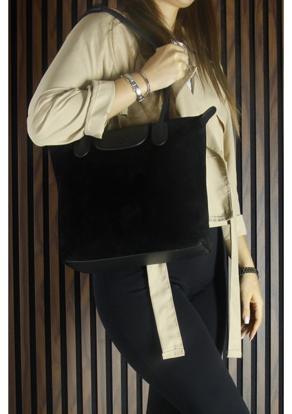 Siyah Hakiki Dana Süet Fermuarlı Manyetik Kapaklı Büyük Boy Günlük Omuz Çantası fırsatları