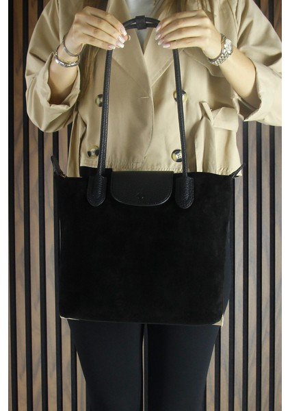 Siyah Hakiki Dana Süet Fermuarlı Manyetik Kapaklı Büyük Boy Günlük Omuz Çantası indirimleri