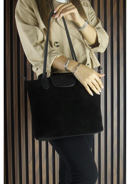 Siyah Hakiki Dana Süet Fermuarlı Manyetik Kapaklı Büyük Boy Günlük Omuz Çantası