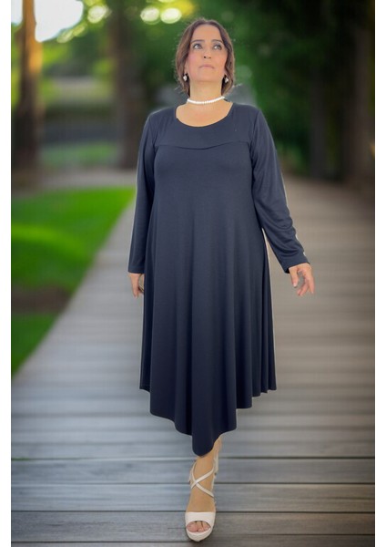 Asimetrik Kesim Interlok Viskon Kumaş Büyük Beden Çan Kesim Kadın Elbise