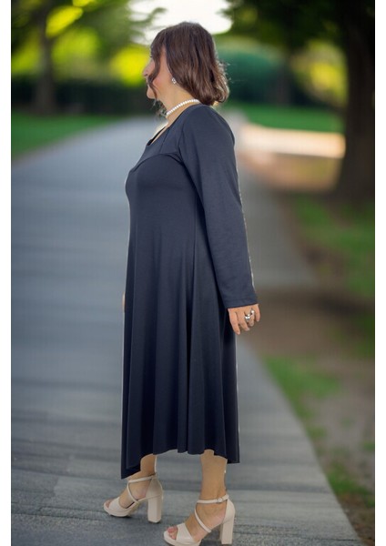 Asimetrik Kesim Interlok Viskon Kumaş Büyük Beden Çan Kesim Kadın Elbise fiyatları