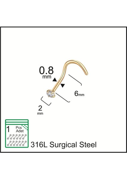 327 L Cerrahi Çelik Hızma Tek Taş Zirkon 2mm x 6mm x 0.8mm Altın Hızma Piercing