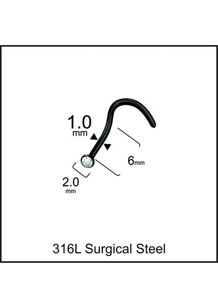 320 L Cerrahi Çelik Hızma Tek Taş 2mm x 6mm x 1mm Siyah Hızma Piercing