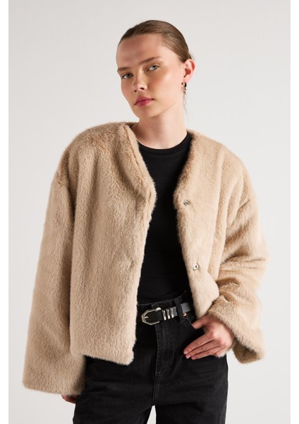 Kadın Taş Seyyar Yakalı Tasarım Kürk Kaban 30082