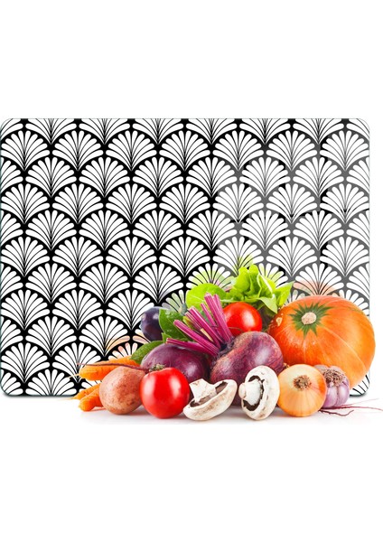 Cam Kesme Tahtası ve Sunumluk Siyah Beyaz Geometrik Desenli 30X40 cm