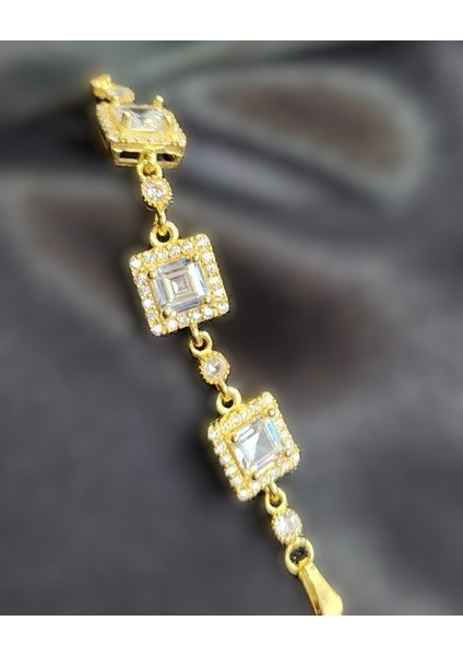 925 Ayar Gümüş Gold Renk Kare Zirkon Bileklik