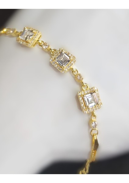 925 Ayar Gümüş Gold Renk Kare Zirkon Bileklik fiyatları