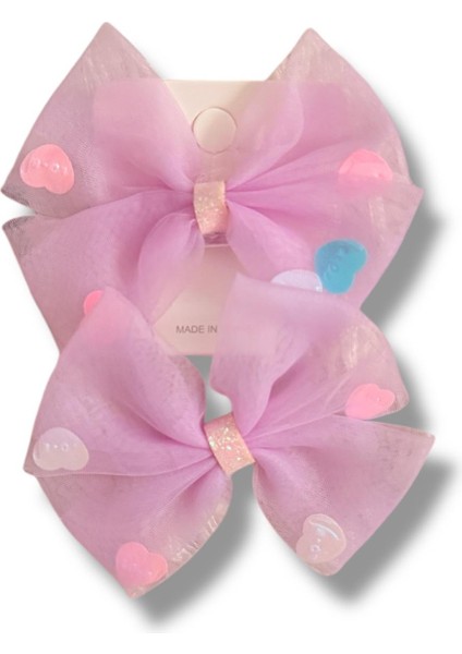 Üzeri Pul Kalp Süslemeli Saten Fiyonk Model Karışık Renk Çiftli Kız Çocuk Lastik Toka 2li Set