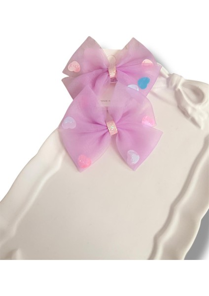 Üzeri Pul Kalp Süslemeli Saten Fiyonk Model Karışık Renk Çiftli Kız Çocuk Lastik Toka 2li Set fiyatları