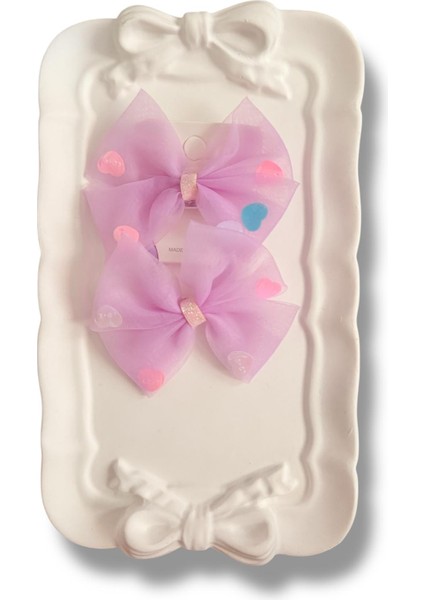 Üzeri Pul Kalp Süslemeli Saten Fiyonk Model Karışık Renk Çiftli Kız Çocuk Lastik Toka 2li Set modelleri