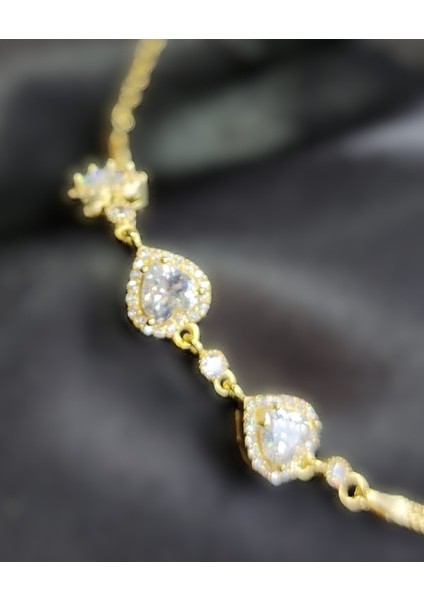 925 Ayar Gümüş Gold Renk Zirkon Kalp Bileklik