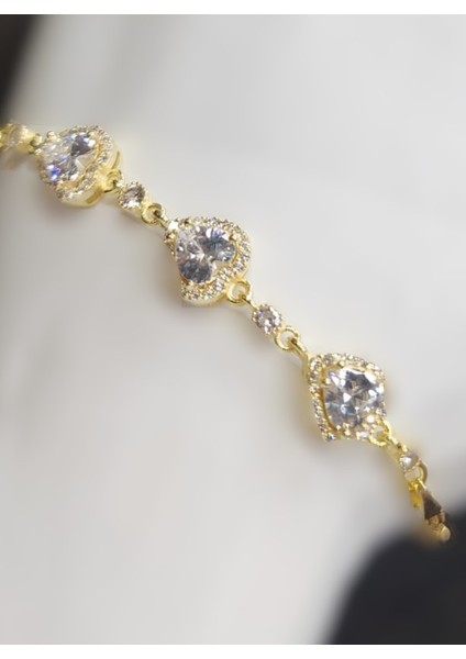 925 Ayar Gümüş Gold Renk Zirkon Kalp Bileklik fiyatları