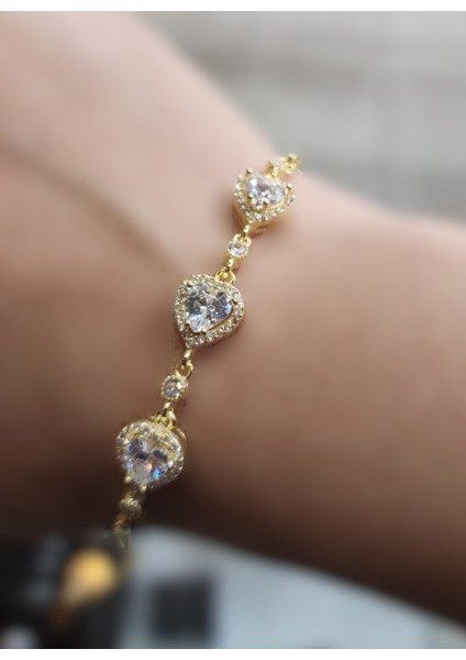 925 Ayar Gümüş Gold Renk Zirkon Kalp Bileklik modelleri