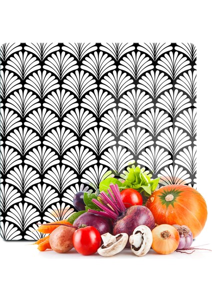 Cam Kesme Tahtası ve Sunumluk Kare Siyah Beyaz Geometrik Desenli 30X30 cm