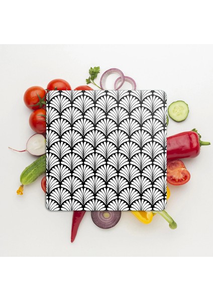 Cam Kesme Tahtası ve Sunumluk Kare Siyah Beyaz Geometrik Desenli 30X30 cm modelleri