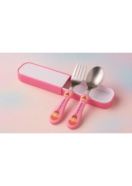 Çocuk Çatal Kaşık Seti – Paslanmaz Çelik – Pembe Saklama Kutulu – Sevimli Prenses Desenli
