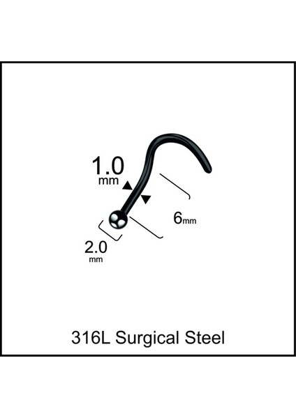 319 L Cerrahi Çelik Hızma Top 2mm x 6mm x 1mm Siyah Hızma Piercing