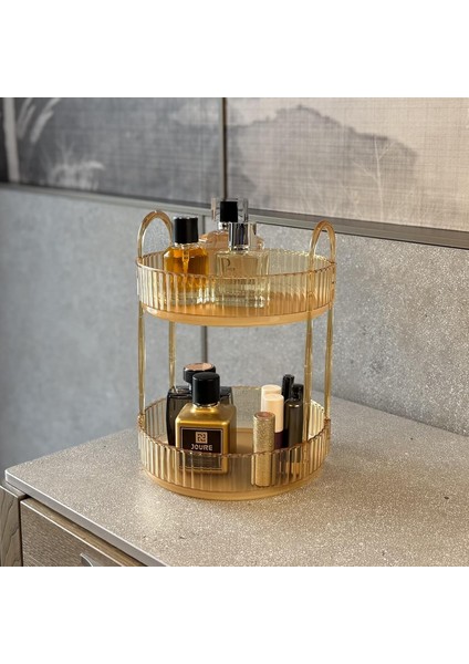 2 Katlı Makyaj Organizeri Kozmetik Aksesuar Düzenleyici Kozmetik Vitrini Yuvarlak (Amber Sarı) modelleri