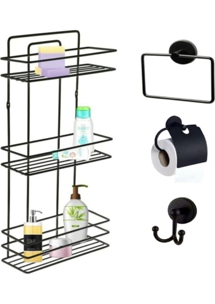 Aksesuar Seti 4 Lü Siyah, Ömür Boyu Paslanmaz Düz Duş Rafı Şampuanlık Siyah Tş-03