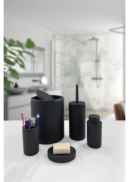 5 Parça Siyah Çizgili Yuvarlak 5'li Eco Banyo Seti Çöp Kovası Tuvalet Fırçası Sabunluk Diş Fırçalık fiyatları