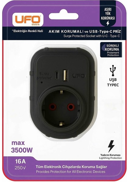 Ufo Yeni Tekli Akım Korumalı 5V 2,4A USB ve Type-C ile Hızlı Şarj, Topraklı Priz, Sürekli Koruma, 16A 250V, Max 3500W Aşırı Yük Koruması (Siyah)