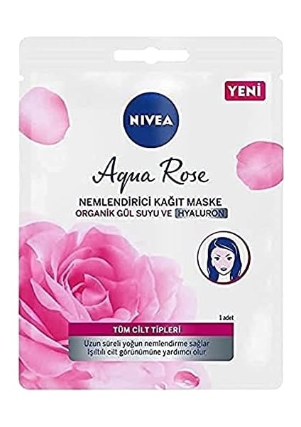 Nıvea Aqua Rose Hyaluron ve Organik Gül Suyu Içeren Nemlendirici Kağıt Maske, 1 Adet, Tüm Cilt Tipleri Için, Yoğun Nemlendirme, Işıltılı Cilt