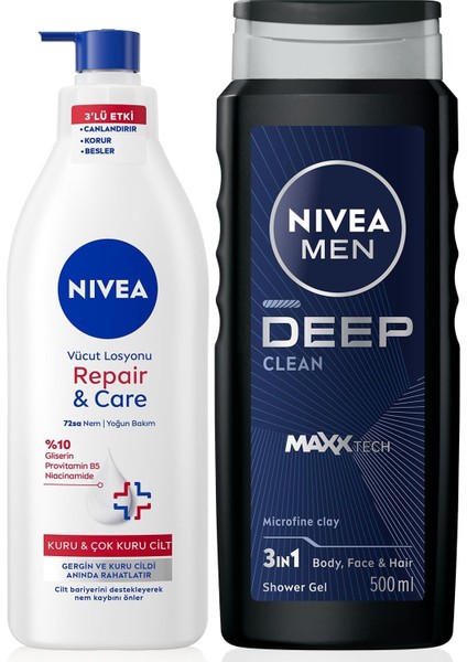 Nivea Men Erkek Deep Dimension Duş Jeli 500ML ve Repair&care Nemlendirici Vücut Losyonu 400ML, Kuru Cilt